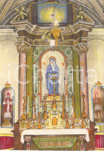 Cartolina originale da collezione 1955 ca ARTE SACRA Altare con statua Madonna ClichÃ© per santino dipinto a mano 1