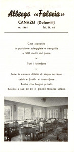 Materiale pubblicitario d’epoca 1955 ca CANAZEI TN DOLOMITI Albergo FALORIA Opuscolo pubblicitario ILLUSTRATO 1