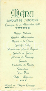 Oggetto da collezione cartaceo 1956 BRANGES FRANCE Hotel du CHAPON BRESSAN Banquet de l harmonie MenÃ¹ 1