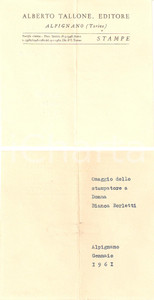 Documento originale, autentico 1961 ALPIGNANO TO Editore Alberto TALLONE Omaggio per Bianca BORLETTI 1
