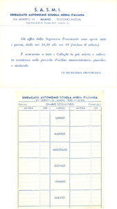 Oggetto da collezione cartaceo 1955 ca MILANO Sindacato Autonomo Scuola Media Italiana SASMI Orario settimanale 1