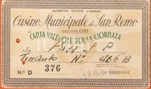 Oggetto da collezione cartaceo 1946 SANREMO IM Casinò municipale Biglietto valevole per la giornata 1