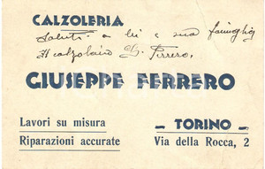Oggetto da collezione cartaceo 1934 TORINO Giuseppe FERRERO Calzoleria Cartoncino pubblicitario 1