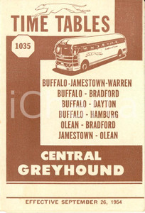 Materiale pubblicitario d’epoca 1954 BUFFALO NEW YORK CENTRAL GREYHOUND bus service Timetables 1035 Opuscolo 1