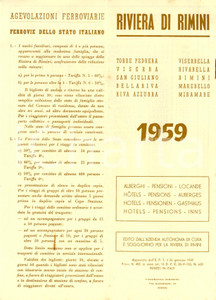 Materiale pubblicitario d’epoca 1959 Riviera di RIMINI Elenco alberghi pensioni locande AZIENDA CURA SOGGIORNO 1