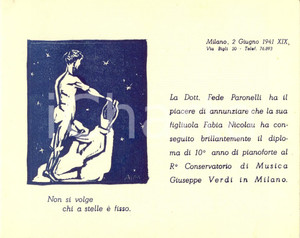Oggetto da collezione cartaceo 1941 MILANO Fede PARONELLI annuncia diploma pianoforte figliuola Fabia NICOLAU 1