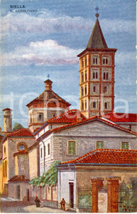 Cartolina originale da collezione 1931 BIELLA Campanile e basilica di SAN SEBASTIANO Ill. TABACCO Cartolina FP NV 1