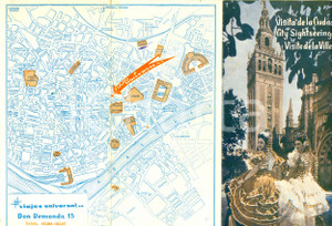 Materiale pubblicitario d’epoca 1960 SEVILLA E VIAJES UNIVERSAL visita de la ciudad Opuscolo con mappa 1
