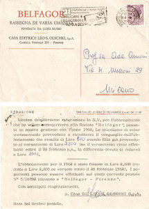 Cartolina originale da collezione 1962 FIRENZE Casa Editrice Leo OLSCHKI chiede saldo abbonamento a BELFAGOR 1
