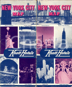 Materiale pubblicitario d’epoca 1955 ca NEW YORK USA Map of the city Pubblicitaria illustrata KNOTT HOTELS 1