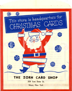 Materiale pubblicitario d’epoca 1960 ca ITHACA USA ZORN shop CHRISTMAS cards Busta per acquisti ILLUSTRATA 1