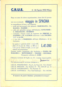 Materiale pubblicitario d’epoca 1953 MILANO CRUE Centro Relazioni Universitarie Estero Viaggio in SPAGNA 1