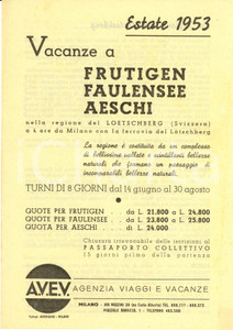 Materiale pubblicitario d’epoca 1953 MILANO Agenzia AVEV Vacanze a FRUTINGEN, FAULENSEE, AESCHI in SVIZZERA 1