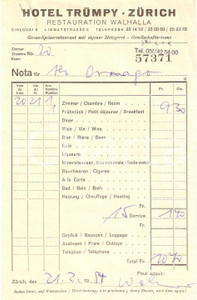 Materiale pubblicitario d’epoca 1957 ZURICH CH Hotel TRUMPY Restauration WALHALLA Ricevuta 1 1