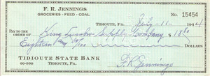 Oggetto da collezione cartaceo 1944 TIDIOUTE STATE BANK Assegno bancario F.R. JENNINGS GROCERIES 1