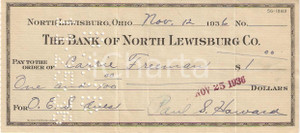 Oggetto da collezione cartaceo 1936 NORTH LEWISBURG BANK  OHIO USA Assegno bancario Carrie FREEMAN 1