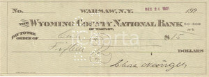 Oggetto da collezione cartaceo 1921 WARSAW New York USA Assegno bancario WYOMING COUNTY NATIONAL BANK 1