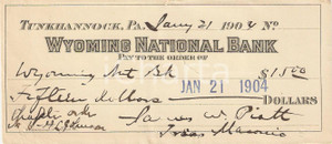 Oggetto da collezione cartaceo 1904 TUNKHANNOCK Pennsylvania USA Assegno bancario WYOMING NATIONAL BANK 1