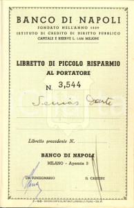 Documento originale, autentico 1950 MILANO Banco di NAPOLI Libretto di piccolo risparmio di Dante SENIAS 1