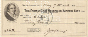 Oggetto da collezione cartaceo 1923 WASHINGTON DC USA Assegno bancario FARMERS AND MECHANICS NATIONAL BANK 1