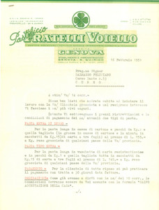 Materiale pubblicitario d’epoca 1951 GENOVA SAN QUIRICO Pastificio Fratelli VOIELLO informa su tipi di pasta 1