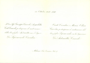 Documento originale, autentico 1939 MILANO Matrimonio di Sigismondo CAVALCA e Antonietta CANEDI Partecipazione 1