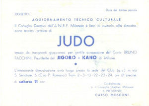 Documento originale, autentico 1957 MILANO ANEF Invito a dimostrazione pratica di JUDO Cartolina FG VG 1