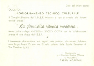 Documento originale, autentico 1957 MILANO Invito a conferenza di Andreina SACCO GOTTA su ginnastica ritmica 1