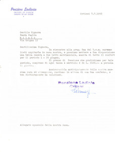 Manoscritto, lettera originale 1958 ORTISEI / ST. ULRICH BZ Pensione LADINIA Lettera dattiloscritta INTESTATA 1