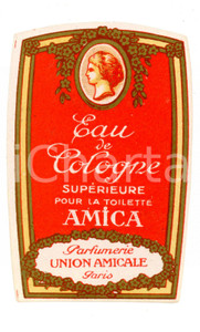 Materiale pubblicitario d’epoca 1950 ca PARIS Parfumerie UNION AMICALE Eau de cologne AMICA Etichetta ILLUSTRATA 1