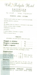 Materiale pubblicitario d’epoca 1950 ca CATTOLICA RN Volantino Villa FULGIDA Hotel Pubblicitario 1