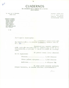 Manoscritto, lettera originale 1959 PARIS Cuadernos del Congreso por Libertad de la Cultura Lettera commerciale 1