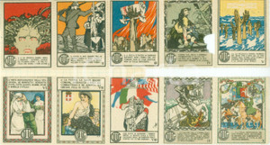 Documento originale, autentico 1918 PROPAGANDA WW1 Serie dieci erinnofili colori Italia vincerÃ  contro barbari 1
