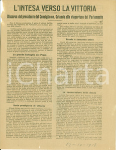 Documento originale, autentico 1918 WW1 Vittorio Emanuele ORLANDO L intesa verso la Vittoria Manifestino 1