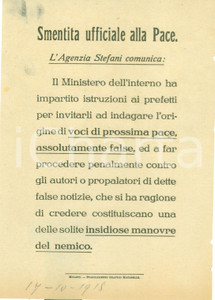 Documento originale, autentico 1918 PROPAGANDA WW1 Ogni voce di pace Ã¨ assolutamente falsa Volantino 1