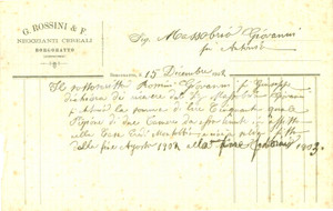 Oggetto da collezione cartaceo 1903 BORGORATTO AL Giovanni ROSSINI & Figli negozianti cereali Ricevuta 1