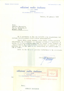 Manoscritto, lettera originale 1957 TORINO Edizioni Radio Italiana ERI Vittorio MALINVERNI Lettera AUTOGRAFO 1