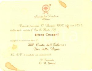Materiale pubblicitario d’epoca 1957 MILANO SOCIETA  DEL GIARDINO Ettore COZZANI legge Canto INFERNO di Dante 1