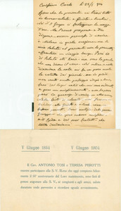 Autografo originale 1904 LIVORNO Patriota Antonio TOSI celebra le nozze d  oro Lettera AUTOGRAFA 1