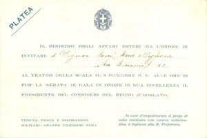 Documento originale, autentico 1940 ca MILANO TEATRO ALLA SCALA Serata di gala per Presidente JUGOSLAVIA Invito 1