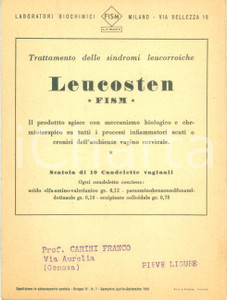 Materiale pubblicitario d’epoca 1951 MILANO Laboratori Chimici FISM Farmaco LEUCOSTEN per sindromi leucorroiche 1
