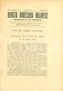 Giornale, rivista storica 1944 WW2 RIVISTA DIOCESANA MILANESE Discorso PIO XII su vera democrazia 1