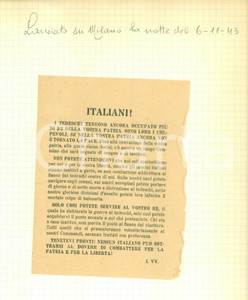 Documento originale, autentico 1943 MILANO RSI WW2 Ogni Italiano deve combattere contro tedeschi invasori 1