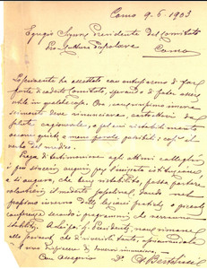 Manoscritto, lettera originale 1903 COMO A. BERTOLINI rinuncia a insegnare per ragioni di salute Lettera 1