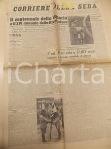 Documento originale, autentico 1943 WW2 CORRIERE DELLA SERA Col. Mario PEZZI Primato mondiale d  altezza 1