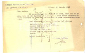 Documento originale, autentico Maggio 1945 PARTITO REPUBBLICANO MILANO Circolo Eugenio CHIESA Assemblea 1