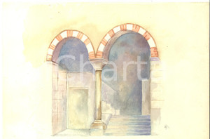 Stampa, bozzetto originale 1940 ca ARTE Prospettiva architettonica antica Acquerello FIRMATO 31x21 cm 1