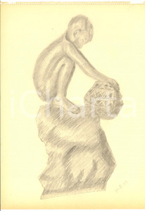 Stampa, bozzetto originale 1942 ARTE Statuetta di bambino con sfera Disegno a matita FIRMATO 23x31 1
