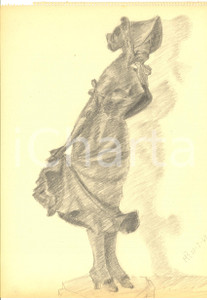 Stampa, bozzetto originale 1942 ARTE Statuetta di dama provocante Disegno a matita FIRMATO 23x31 1