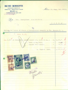 Documento originale, autentico 1940 MILANO Silvio BORSOTTI Imbiancatura e stucchi Fattura intestata 1